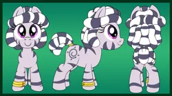 Size: 4500x2500 | Tagged: artist:pananovich, bracelet, c:, derpibooru import, female, filly, front view, jewelry, looking at you, oc, oc:zala, rear view, safe, side view, smiling, solo, unofficial characters only, zebra, zebra oc