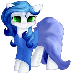 Size: 884x904 | Tagged: safe, artist:gleamydreams, derpibooru import, oc, oc:gleamy, pony, unicorn, blue hair, blushing, clothes, dress, female, green eyes, looking at you, mare, smiling, solo