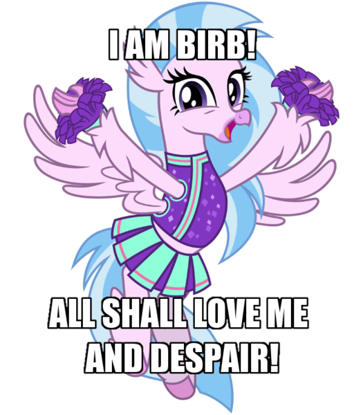 Size: 600x686 | Tagged: 2 4 6 greaaat, arms spread out, artist:cheezedoodle96, birb, caption, cheering, cheerleader, cheerleader outfit, cheerleader silverstream, classical hippogriff, clothes, cute, derpibooru import, diastreamies, female, flying, happy, hippogriff, horsebird, image macro, looking at you, lord of the rings, moe, open mouth, pleated skirt, pom pom, safe, shirt, silverstream, simple background, skirt, solo, spread wings, text, transparent background, vector, wings