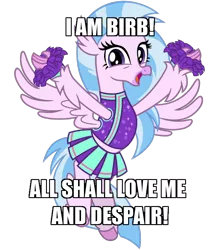 Size: 600x686 | Tagged: 2 4 6 greaaat, arms spread out, artist:cheezedoodle96, birb, caption, cheering, cheerleader, cheerleader outfit, cheerleader silverstream, classical hippogriff, clothes, cute, derpibooru import, diastreamies, female, flying, happy, hippogriff, horsebird, image macro, looking at you, lord of the rings, moe, open mouth, pleated skirt, pom pom, safe, shirt, silverstream, simple background, skirt, solo, spread wings, text, transparent background, vector, wings