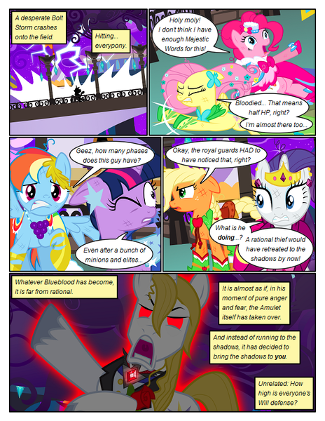 Size: 612x792 | Tagged: safe, artist:christhes, derpibooru import, applejack, fluttershy, pinkie pie, prince blueblood, rainbow dash, rarity, twilight sparkle, pony, comic:friendship is dragons, alicorn amulet, angry, clothes, collaboration, comic, dialogue, dress, eyes closed, female, flower, freckles, frown, gala dress, glow, glow eyes, injured, jewelry, lightning, male, mane six, mare, one eye closed, open mouth, pointing, possessed, red eyes, rose, scared, show accurate, sitting, stallion, tiara, unshorn fetlocks, wink, worried