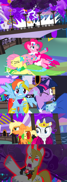 Size: 1920x5200 | Tagged: safe, alternate version, artist:christhes, derpibooru import, applejack, fluttershy, pinkie pie, prince blueblood, rainbow dash, rarity, twilight sparkle, pony, comic:friendship is dragons, alicorn amulet, angry, clothes, collaboration, comic, dress, eyes closed, female, flower, freckles, frown, gala dress, glow, glow eyes, injured, jewelry, lightning, male, mane six, mare, one eye closed, open mouth, pointing, possessed, red eyes, rose, scared, show accurate, sitting, stallion, tiara, unshorn fetlocks, wink, worried