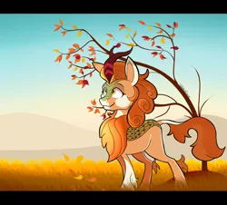 Size: 3977x3597 | Tagged: artist:tehshockwave, autumn, autumn blaze, derpibooru import, female, kirin, leaves, looking up, quadrupedal, safe, smiling, solo, tree