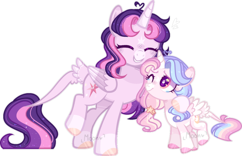 Size: 1113x718 | Tagged: safe, artist:moon-rose-rosie, derpibooru import, twilight sparkle, twilight sparkle (alicorn), oc, oc:celestial moon, alicorn, pony, alternate design, alternate universe, eyes closed, female, filly, heart, magical lesbian spawn, mare, mother and child, mother and daughter, offspring, parent:rainbow dash, parent:twilight sparkle, parents:twidash, simple background, transparent background