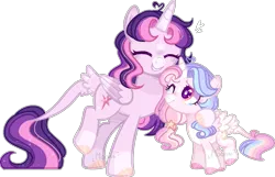 Size: 1113x718 | Tagged: safe, artist:moon-rose-rosie, derpibooru import, twilight sparkle, twilight sparkle (alicorn), oc, oc:celestial moon, alicorn, pony, alternate design, alternate universe, eyes closed, female, filly, heart, magical lesbian spawn, mare, mother and child, mother and daughter, offspring, parent:rainbow dash, parent:twilight sparkle, parents:twidash, simple background, transparent background