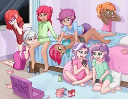 Size: 3300x2550 | Tagged: apple bloom, artist:fearingfun, babs seed, barefoot, bed, clothes, dark skin, derpibooru import, diamond tiara, feet, female, human, humanized, pajamas, safe, scootaloo, silver spoon, slumber party, sweetie belle, tag-a-long, twist