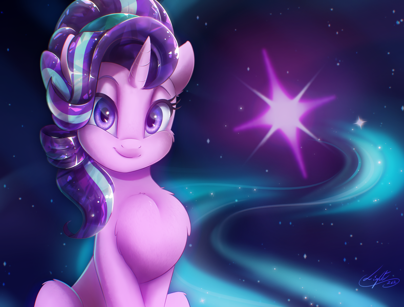 Size: 2629x2000 | Tagged: safe, artist:light262, derpibooru import, edit, starlight glimmer, crystal pony, pony, unicorn, chest fluff, crystallized, cute, cutie mark background, female, glimmerbetes, looking at you, mare, sitting, solo, stars