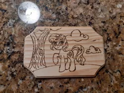 Size: 576x432 | Tagged: safe, artist:dawn-designs-art, artist:sapphire-burns-art, derpibooru import, sunset shimmer, pony, unicorn, moon, photo, pyrography, solo, traditional art, tree