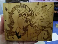 Size: 1032x774 | Tagged: safe, artist:dawn-designs-art, artist:sapphire-burns-art, derpibooru import, daybreaker, alicorn, pony, photo, pyrography, solo, traditional art