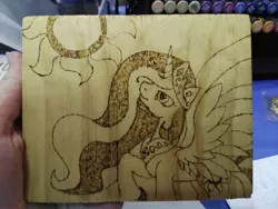 Size: 1032x774 | Tagged: safe, artist:dawn-designs-art, artist:sapphire-burns-art, derpibooru import, princess celestia, alicorn, pony, photo, pyrography, solo, traditional art