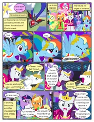 Size: 612x792 | Tagged: safe, artist:christhes, derpibooru import, applejack, fluttershy, pinkie pie, prince blueblood, rainbow dash, rarity, twilight sparkle, earth pony, pegasus, pony, unicorn, comic:friendship is dragons, alicorn amulet, angry, clothes, collaboration, comic, dialogue, dress, eyes closed, female, frown, gala dress, glare, hat, injured, jewelry, laurel wreath, looking down, male, mane six, mare, night, scared, show accurate, stallion, stars, tiara, unicorn twilight, unshorn fetlocks