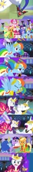 Size: 1088x5508 | Tagged: safe, alternate version, artist:christhes, derpibooru import, applejack, fluttershy, pinkie pie, prince blueblood, rainbow dash, rarity, twilight sparkle, earth pony, pegasus, pony, unicorn, comic:friendship is dragons, alicorn amulet, angry, clothes, collaboration, comic, dress, eyes closed, female, frown, gala dress, glare, hat, injured, jewelry, laurel wreath, looking down, male, mane six, mare, night, scared, show accurate, stallion, stars, tiara, unicorn twilight, unshorn fetlocks