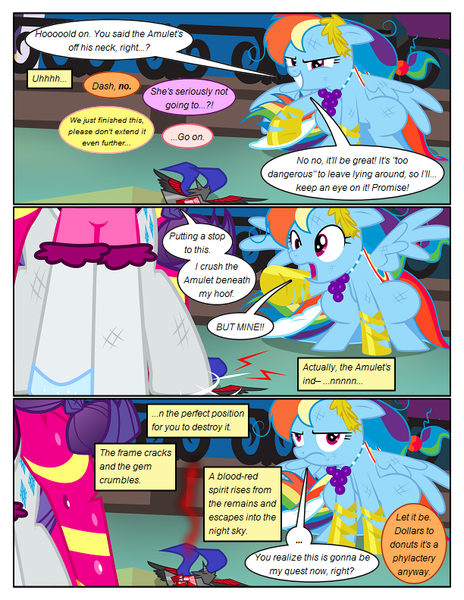 Size: 612x792 | Tagged: safe, artist:christhes, derpibooru import, rainbow dash, rarity, pegasus, pony, comic:friendship is dragons, alicorn amulet, clothes, collaboration, comic, crushing, dialogue, dress, female, frown, gala dress, glass slipper (footwear), grin, high heels, implied applejack, implied fluttershy, implied twilight sparkle, injured, laurel wreath, mare, raised hoof, shocked, shoes, show accurate, smiling