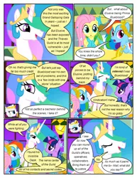 Size: 612x792 | Tagged: safe, artist:newbiespud, derpibooru import, edit, edited screencap, screencap, fluttershy, rainbow dash, rarity, twilight sparkle, alicorn, pegasus, pony, unicorn, comic:friendship is dragons, the best night ever, big crown thingy, clothes, comic, dialogue, dress, element of magic, ethereal mane, eyes closed, female, frown, gala dress, injured, jewelry, laurel wreath, mare, messy mane, regalia, screencap comic, tiara, unicorn twilight