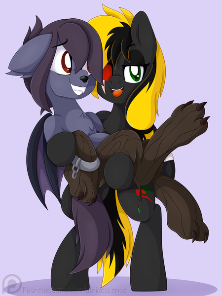 Size: 1554x2071 | Tagged: safe, artist:pearlyiridescence, derpibooru import, oc, oc:nyn indigo, oc:shade demonshy, hybrid, original species, pegasus, pony, timber pony, timber wolf, bandage, bandaged wing, bipedal, bridal carry, carrying, claws, cuff, cute, duo, fangs, female, floppy ears, grin, heterochromia, male, mare, open mouth, ponytail, scar, smiling, species swap, stallion, wings