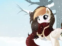 Size: 800x596 | Tagged: safe, artist:hikariviny, derpibooru import, oc, oc:sweet lullaby, unofficial characters only, pegasus, pony, blushing, clothes, female, hoof gloves, mare, one hoof raised, scar, scarf, smiling, snow, solo, tail wrap, tree, winter