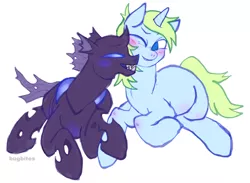 Size: 1500x1100 | Tagged: safe, artist:bugbites, derpibooru import, changeling, unicorn, blue blush, blue changeling, blushing, couple, hoof hold, nuzzling, smiling