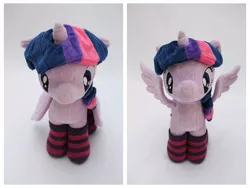 Size: 1280x960 | Tagged: safe, artist:nekokevin, derpibooru import, twilight sparkle, twilight sparkle (alicorn), alicorn, pony, 4de, clothes, female, happy, irl, looking at you, mare, photo, plushie, sad, smiling, socks, solo, spread wings, striped socks, wings