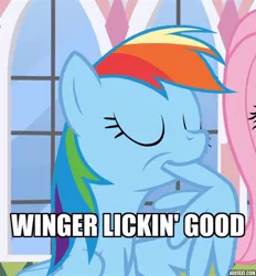 Size: 556x600 | Tagged: cropped, derpibooru import, edit, edited screencap, eyes closed, female, finger licking good, fluttershy, kfc, mare, meme, pun, rainbow dash, safe, screencap, solo focus, text, the ending of the end, window, wing hands, wings