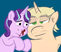 Size: 708x608 | Tagged: semi-grimdark, artist:dashusethetrashcan, derpibooru import, starlight glimmer, pony, unicorn, abuse, blood, glimmerbuse, nosebleed, sam hyde