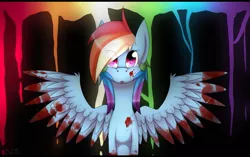 Size: 1023x643 | Tagged: semi-grimdark, artist:frostii-dragons, derpibooru import, rainbow dash, pegasus, pony, fanfic:rainbow factory, blood, crying, eye clipping through hair, fanfic art, female, liquid rainbow, looking at you, mare, open mouth, rainbow factory dash, solo, spectra, spread wings, wings
