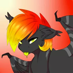 Size: 2000x2000 | Tagged: safe, artist:sacaat, derpibooru import, oc, oc:newt, unofficial characters only, bat pony, lizard, lizard pony, newt, pony, bat pony oc, bat wings, ear fluff, eye clipping through hair, female, gradient background, looking at you, mare, salivating, solo, stripes, tongue out, wing claws, wings