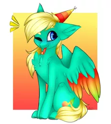 Size: 1080x1211 | Tagged: safe, artist:sacaat, derpibooru import, oc, oc:color dash, unofficial characters only, pegasus, pony, abstract background, birthday, blue eyes, chest fluff, colored wings, cutie mark, cyan coat, female, floppy ears, fluffy, gradient background, hat, mare, multicolored wings, one eye closed, party hat, party horn, party whistle, rainbow wings, sitting, solo, wings, wink, yellow hair, yellow mane