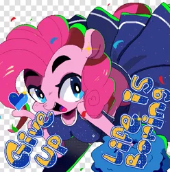 Size: 503x507 | Tagged: safe, artist:rakikubit, derpibooru import, pinkie pie, anthro, earth pony, breasts, cheerleader pinkie, clothes, confetti, demotivational, heart, leaning forward, looking at you, no source available, open mouth, pixel art, pom pom, socks, solo, stockings, subversive kawaii, text, thigh highs, tooth gap