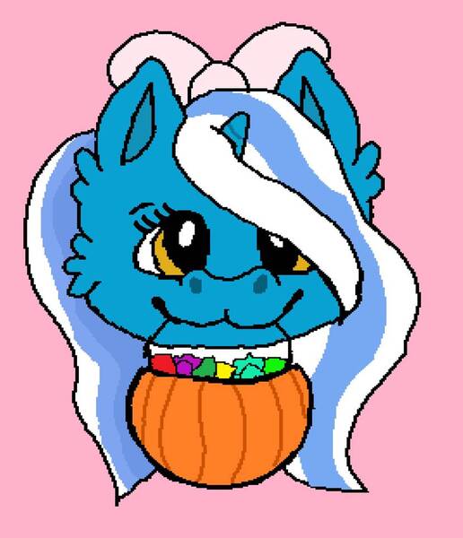 Size: 829x964 | Tagged: adorabelle, alicorn, alicorn oc, artist:pzfan9213, bow, candy, cute, derpibooru import, female, food, hair bow, halloween, holiday, horn, mare, mouth hold, oc, oc:fleurbelle, pumpkin bucket, safe, wings, yellow eyes