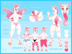 Size: 1280x960 | Tagged: suggestive, artist:rottenroadkill, derpibooru import, oc, oc:tineey, unofficial characters only, anthro, changeling, unguligrade anthro, albino changeling, ass, belly button, bow, butt, changeling oc, clothes, denim shorts, long tongue, looking at you, looking back, looking back at you, male, nipples, nudity, panties, pants, reference sheet, shirt, shorts, socks, solo, solo male, striped socks, tail bow, tongue out, underwear