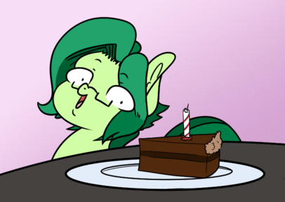 Size: 406x287 | Tagged: safe, artist:appelknekten, derpibooru import, oc, oc:appel, unofficial characters only, earth pony, pony, animated, birthday, cake, candle, food, gif, glasses, male, pink background, plate, simple background, solo, stallion, table, vibrating