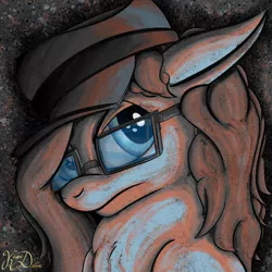Size: 2000x2000 | Tagged: safe, artist:kayosdrive, derpibooru import, oc, oc:kay, unofficial characters only, earth pony, pony, abstract background, bust, frown, glasses, hat, limited palette, male, portrait, solo, stallion