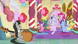 Size: 1920x1080 | Tagged: safe, derpibooru import, screencap, auburn vision, berry blend, berry bliss, end zone, huckleberry, november rain, octavia melody, pinkie pie, silverstream, classical hippogriff, earth pony, hippogriff, pegasus, pony, unicorn, a horse shoe-in, balloon, cello, clarinet, dexterous hooves, friendship student, musical instrument, saxophone, triangle, trombone, trumpet, violin, yovidaphone
