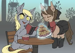 Size: 2784x1968 | Tagged: safe, artist:taytinabelle, derpibooru import, derpy hooves, oc, oc:mocha sprout, pegasus, pony, unicorn, beautiful, book, boots, cafe, clothes, colored, colored pupils, cute, digital art, duo, eyes closed, female, food, hair bun, magic, mare, miniskirt, muffin, pleated skirt, ponysona, shoes, sitting, skirt, skirt lift, telekinesis, that pony sure does love muffins, uniform