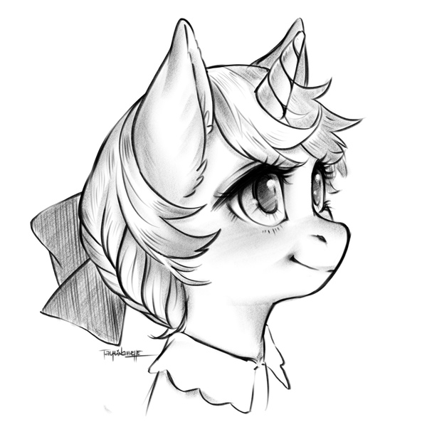 Size: 2048x2048 | Tagged: safe, artist:taytinabelle, derpibooru import, oc, oc:mocha sprout, unofficial characters only, pony, unicorn, black and white, bow, clothes, cute, digital art, female, grayscale, hair bow, hair bun, looking up, mare, monochrome, ponysona, shading, simple background, solo