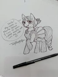 Size: 3024x4032 | Tagged: safe, artist:taytinabelle, derpibooru import, oc, oc:mocha sprout, unofficial characters only, pony, unicorn, bronycon, bronycon 2019, black and white, boots, braid, braided tail, clothes, cute, female, grayscale, hair bun, looking at you, mare, monochrome, pen drawing, pleated skirt, ponysona, ruffles, shoes, simple background, sketch, skirt, smiling, solo, speech, speech bubble, talking, traditional art, uniform