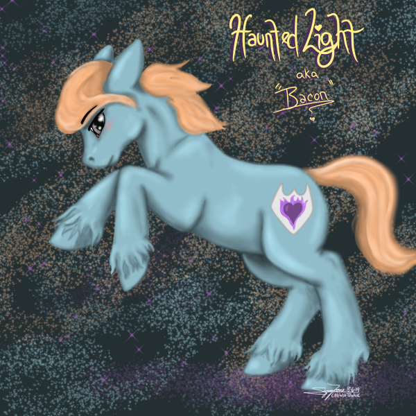 Size: 600x600 | Tagged: safe, artist:littlewolfstudios, derpibooru import, oc, oc:haunted light, earth pony, pony, bacon, blue, cute, food, male, meat, solo, stallion