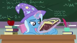 Size: 1920x1080 | Tagged: safe, derpibooru import, screencap, trixie, pony, unicorn, a horse shoe-in, apple, book, chalkboard, clothes, crossed legs, female, food, glowing horn, hat, hoof on chin, hooves on the table, horn, irresponsible, lazy, levitation, lidded eyes, magic, mare, obnoxious, reading, solo, teacher, telekinesis, trixie's hat