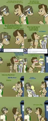 Size: 1502x3758 | Tagged: safe, artist:jitterbugjive, derpibooru import, derpy hooves, doctor whooves, time turner, pony, lovestruck derpy, blushing, clothes, doctor who, goggles, hug, self ponidox, shirt, tardis, theenamoredclockmaker, tongue out