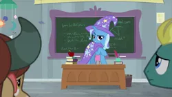 Size: 1920x1080 | Tagged: safe, derpibooru import, screencap, end zone, trixie, yona, pony, unicorn, yak, a horse shoe-in, apple, book, cape, clothes, female, food, friendship student, hat, male, mare, quadrupedal, stallion, trixie's cape, trixie's hat