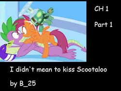 Size: 480x360 | Tagged: safe, artist:minanfranco, derpibooru import, scootaloo, spike, tank, dragon, pegasus, pony, tortoise, fanfic, accidental kiss, butt, female, helmet, kiss on the lips, kissing, male, older, older scootaloo, older spike, plot, scootaspike, shipping, straight, wide eyes