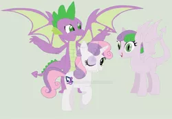 Size: 900x627 | Tagged: safe, artist:teal-quil, derpibooru import, spike, sweetie belle, oc, dracony, dragon, hybrid, pony, unicorn, alternate cutie mark, deviantart, deviantart watermark, female, interspecies offspring, male, mare, obtrusive watermark, offspring, older, older spike, older sweetie belle, one eye closed, parent:spike, parent:sweetie belle, parents:spikebelle, shipping, smiling, spikebelle, spread wings, straight, watermark, winged spike, wings, wink