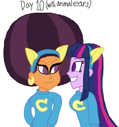 Size: 3000x3207 | Tagged: safe, artist:bigpurplemuppet99, derpibooru import, saffron masala, twilight sparkle, equestria girls, 30 day otp challenge, afro, female, lesbian, shipping, twiffron, wondercolt ears, wondercolts uniform