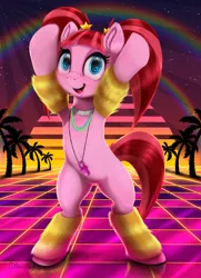 Size: 4550x6300 | Tagged: safe, artist:darksly, derpibooru import, pacific glow, earth pony, pony, the saddle row review, bipedal, cute, digital art, ear fluff, female, glowbetes, leg warmers, mare, open mouth, outrun, pacifier, palm tree, rainbow, smiling, solo, tree