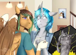Size: 2671x1956 | Tagged: safe, artist:blackblood-queen, derpibooru import, oc, oc:bubble lee, oc:kiwi breeze, oc:mako, oc:silver lining, unofficial characters only, anthro, orca, orca pony, original species, pegasus, unicorn, anthro oc, clothes, digital art, female, freckles, makolee, male, mare, mother and child, mother and daughter, photo, shipping, stallion, story in the source, straight
