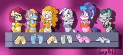 Size: 7086x3188 | Tagged: suggestive, artist:gagpal3, derpibooru import, cloudy quartz, cookie crumbles, pear butter, posey shy, twilight velvet, windy whistles, anthro, earth pony, pegasus, unicorn, arm behind back, barefoot, blushing, bondage, bra, breasts, cloth gag, clothes, crop top bra, ear piercing, earring, feet, female, females only, femsub, fetish, foot fetish, gag, glasses, jewelry, mom six, necklace, orange underwear, panties, piercing, pink underwear, purple underwear, raised eyebrow, red underwear, rope, rope bondage, stocks, submissive, unamused, underwear, white underwear, yellow underwear