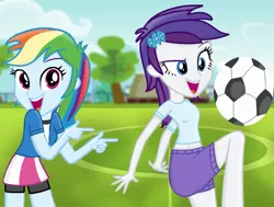 Size: 1343x1016 | Tagged: safe, alternate version, artist:epiccartoonsfan, artist:grapefruitface1, artist:sakyas-bases, artist:shiibases, derpibooru import, rainbow dash, rarity, equestria girls, base used, clothes, football, pointing, sports