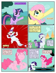 Size: 612x802 | Tagged: safe, artist:newbiespud, artist:winged cat, derpibooru import, edit, edited screencap, screencap, fluttershy, opalescence, pinkie pie, rarity, spike, twilight sparkle, cat, dragon, earth pony, pegasus, pony, unicorn, comic:friendship is dragons, bow, collaboration, comic, dialogue, eyes closed, female, frown, hair bow, jumping, looking up, male, mare, pointing, raised hoof, screencap comic, slit eyes, smiling, trampoline, unamused, unicorn twilight