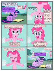 Size: 612x802 | Tagged: safe, artist:newbiespud, artist:winged cat, derpibooru import, edit, edited screencap, screencap, pinkie pie, twilight sparkle, earth pony, pony, unicorn, comic:friendship is dragons, annoyed, book, collaboration, comic, dialogue, eyes closed, female, frown, jumping, mare, reading, screencap comic, sitting, smiling, trampoline, unicorn twilight, upside down