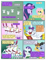 Size: 612x802 | Tagged: safe, artist:newbiespud, artist:winged cat, derpibooru import, edit, edited screencap, screencap, caramel, fluttershy, lucky clover, opalescence, rarity, twilight sparkle, earth pony, horse, mouse, pegasus, pony, unicorn, comic:friendship is dragons, the best night ever, background pony, bow, collaboration, comic, dialogue, female, grin, hair bow, male, mare, nervous, nervous grin, screencap comic, smiling, stallion, unicorn twilight